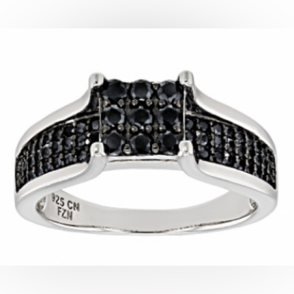 Round Black Spinel Rhodium over Silver Ring 0.82CTW